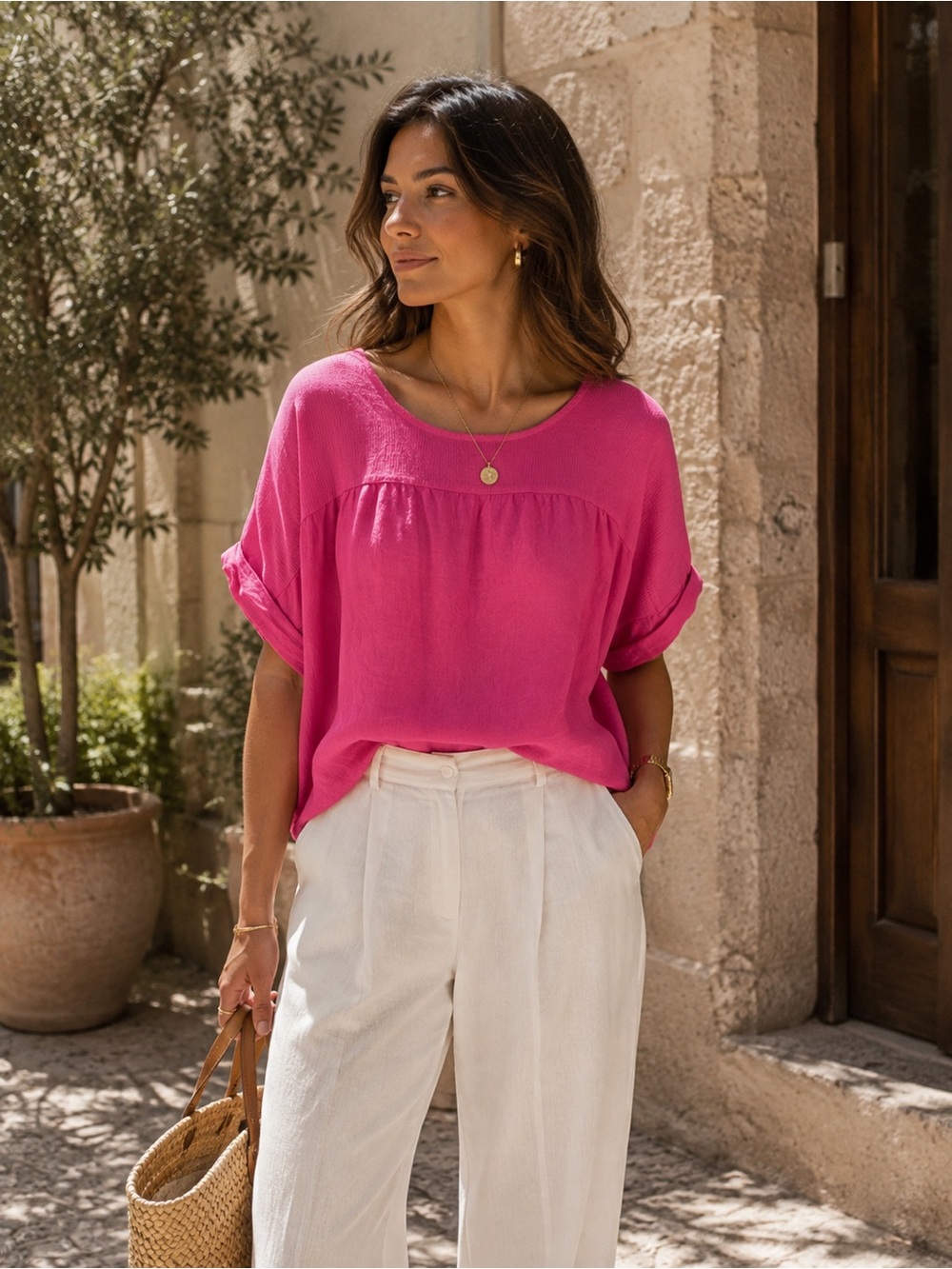 Women's 100% Linen Pink Short-Sleeve Scoop Neck Blouse